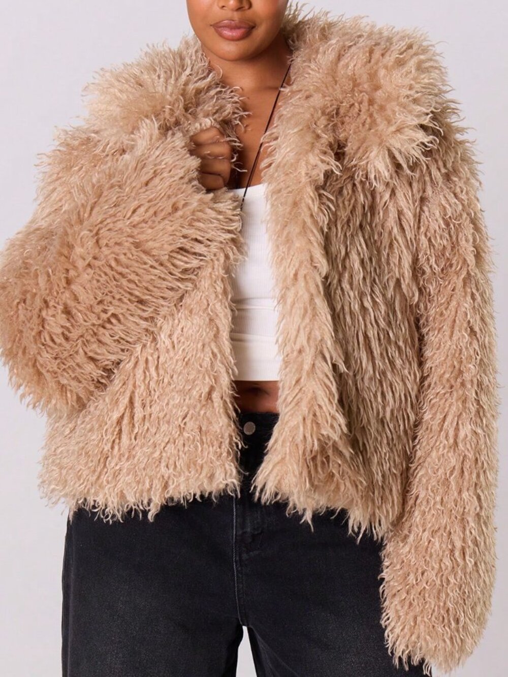 Beige Casual Women's Shaggy Fur Plus Size Collar Coat